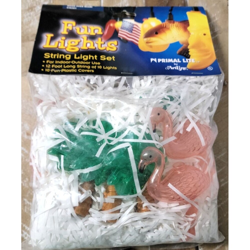 Vtg Fun Lights Flamingo Palm Tree Tropical Party Indoor Outdoor 12' String Light